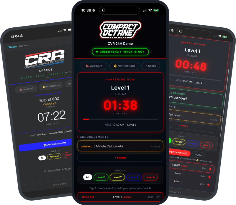 SNQ Hub on three phones — live countdowns and your session alerts